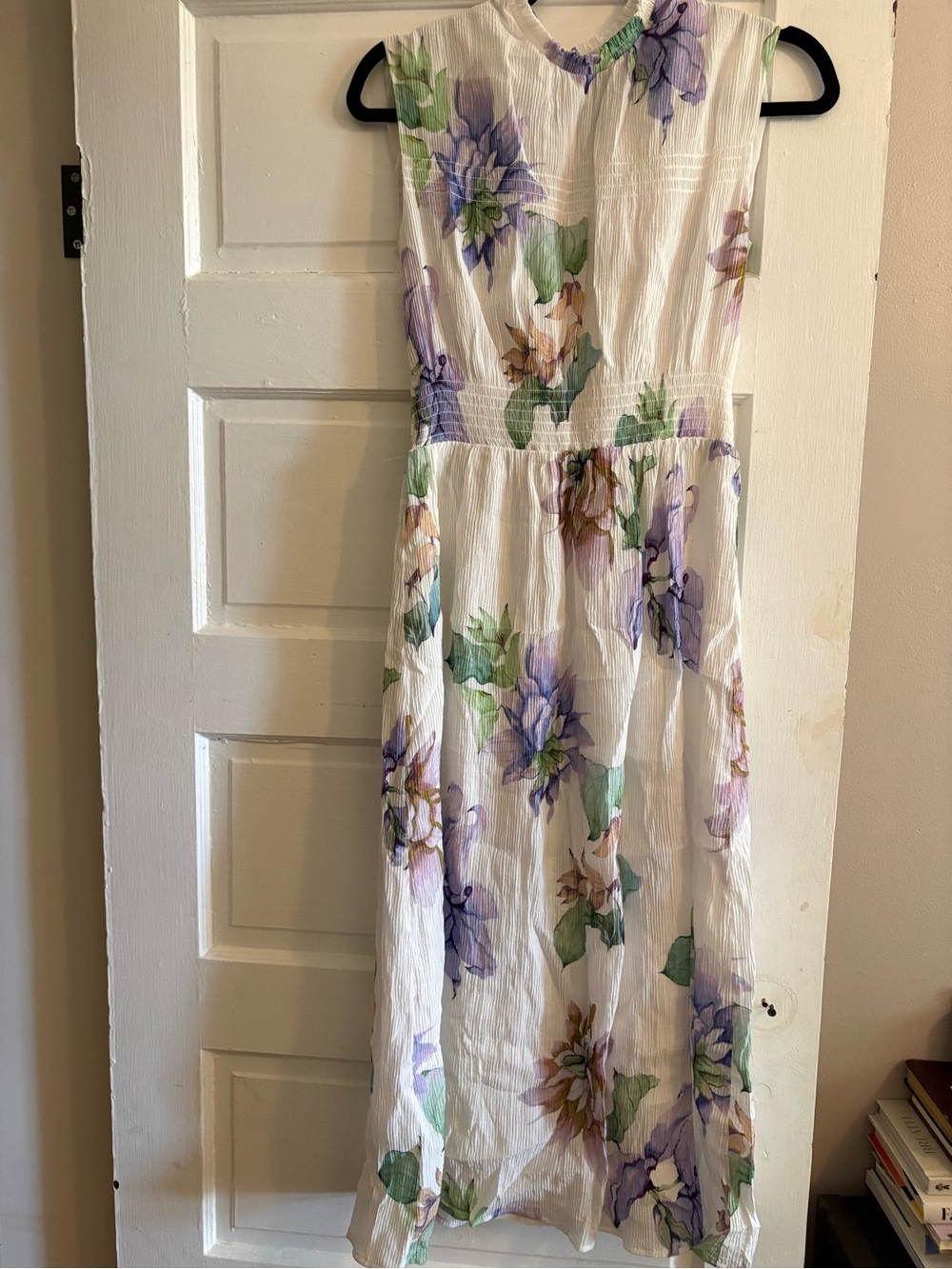 H&M White Dress with Purple Floral Accents and Green Leaves